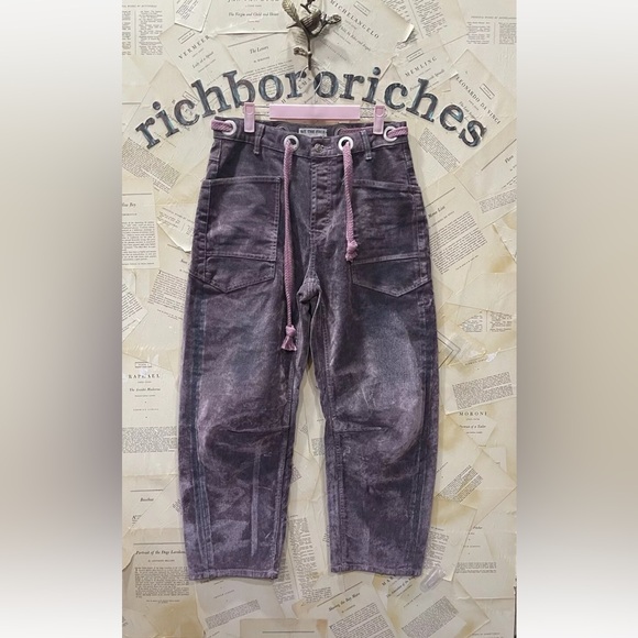 Free People Moxie Flocked Pull On Barrel Jeans Rope Tie Slouchy Ancient Pink - Picture 5 of 6